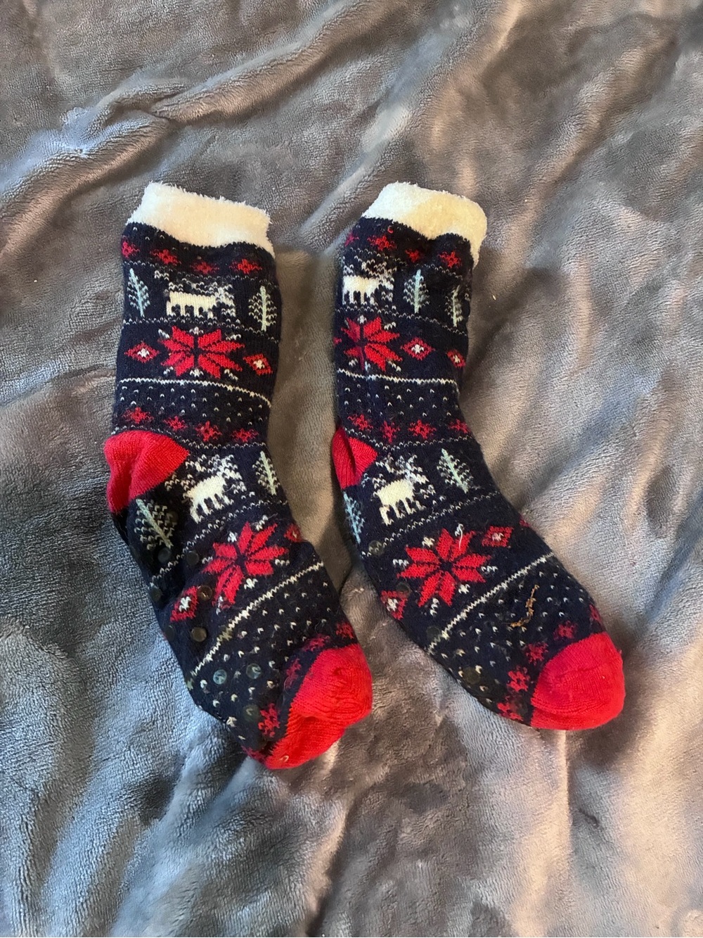 Cozy Navy Blue and Red Fair Isle Holiday Slipper Socks